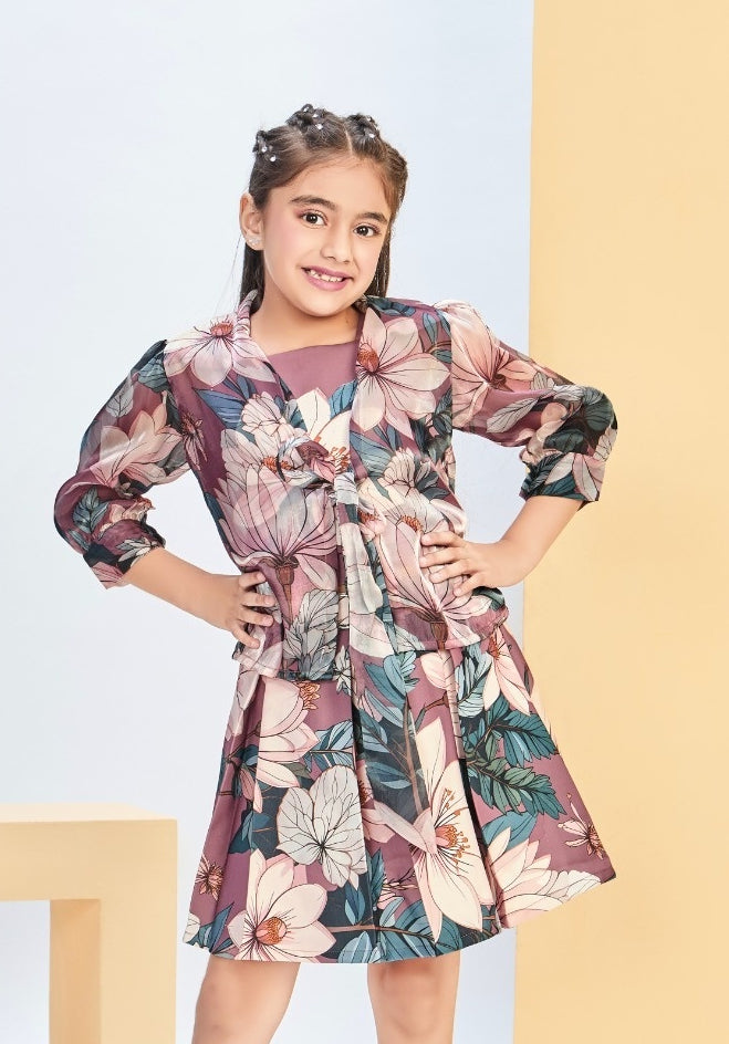 Girls Brown Floral A-Line Dress with Jacket | Kids Stylish Casual Wear