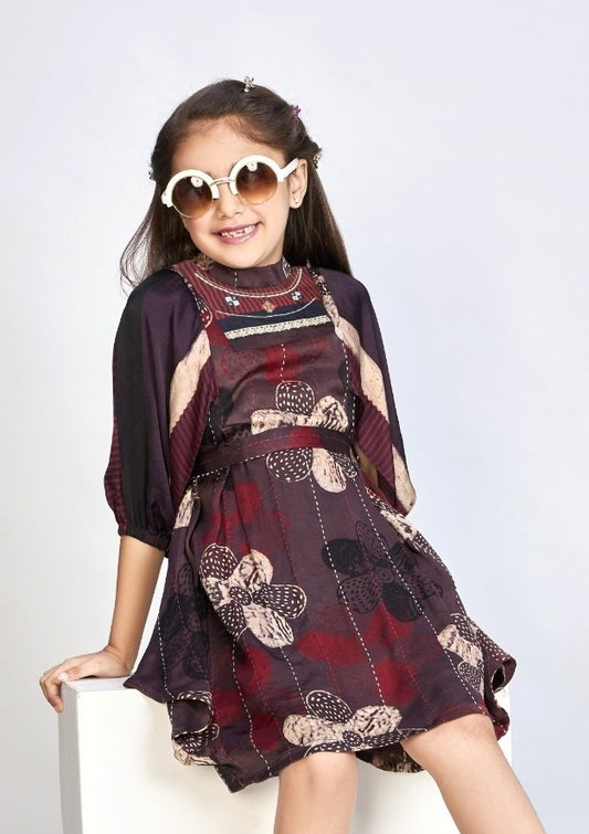 Girls Maroon Printed A-Line Dress | Kids Casual Wear