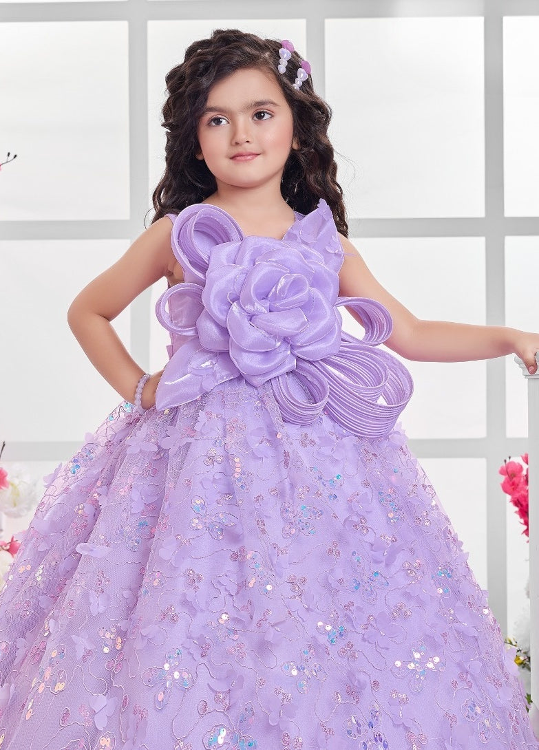 Girls Lavender Floral Princess Ball Gown | Party Wear Dress for Kids