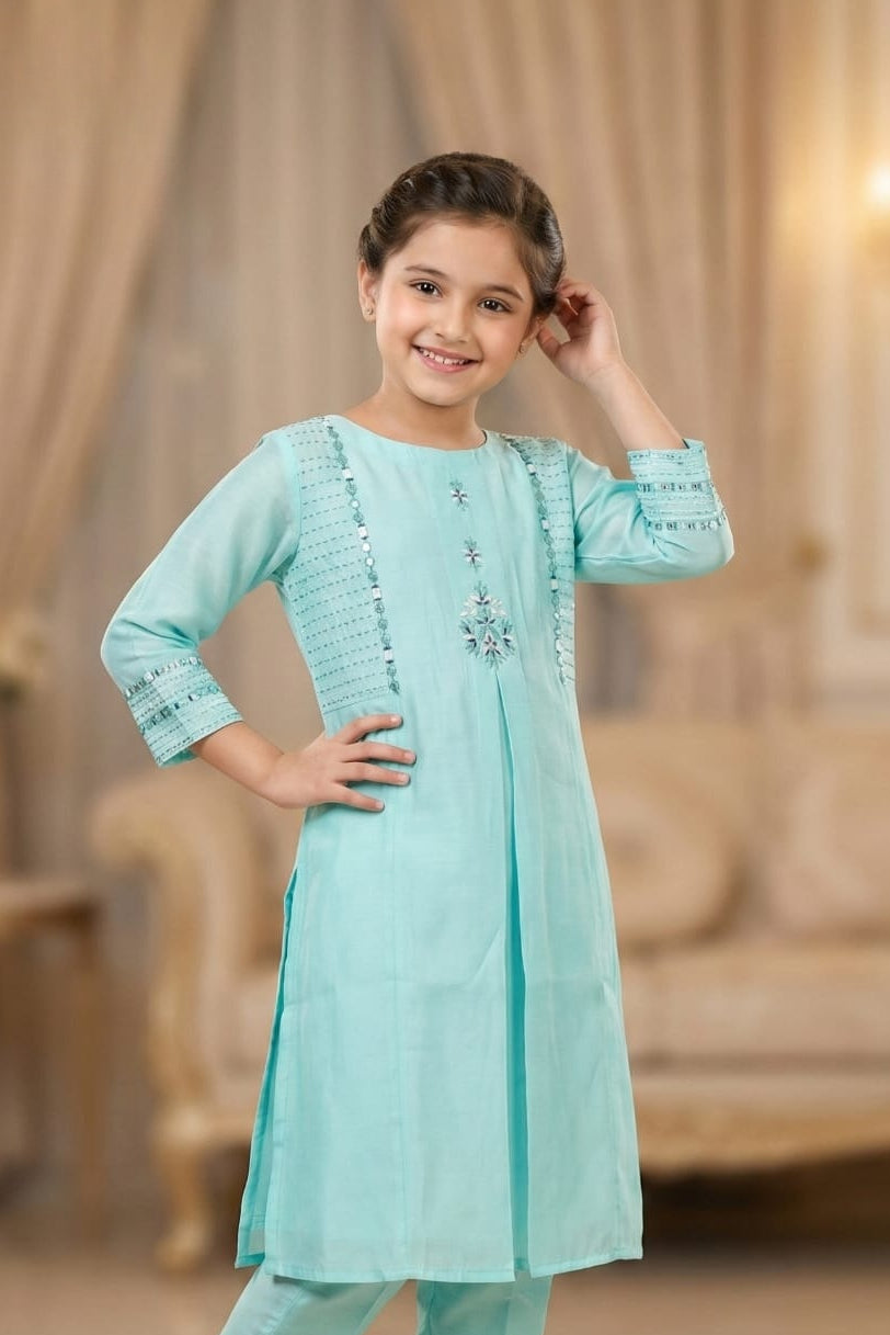 Aqua Green Mist Embroidered Salwar Suit | Kids Ethnic Outfit for Girls