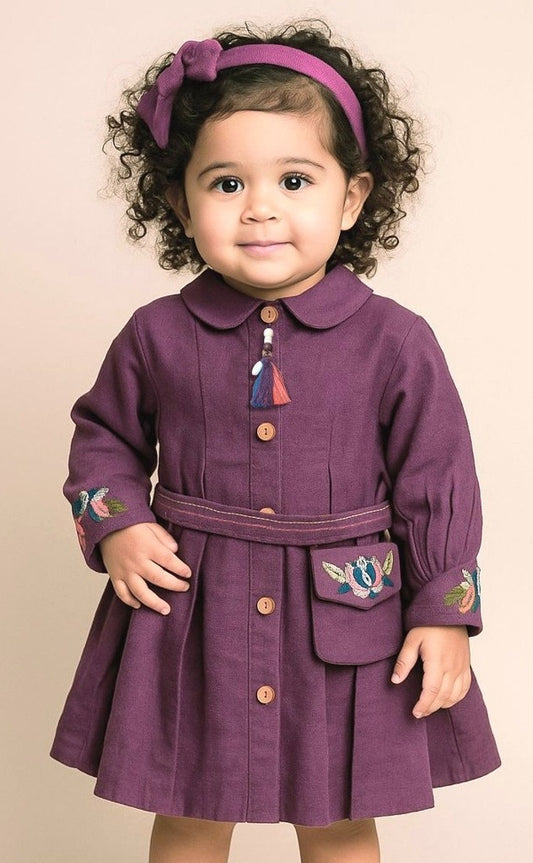 Baby Girls Plum Purple Shirt Dress with Belt |  Casual & Party Wear For Girls