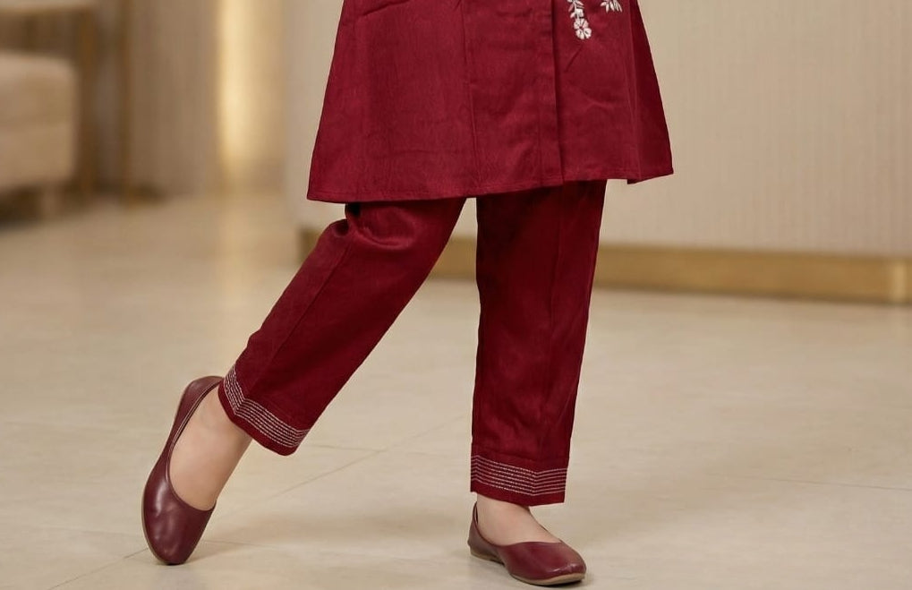 Ruby Maroon Bloom Embroidered Kurta Set | Kids Ethnic Outfit for Girls