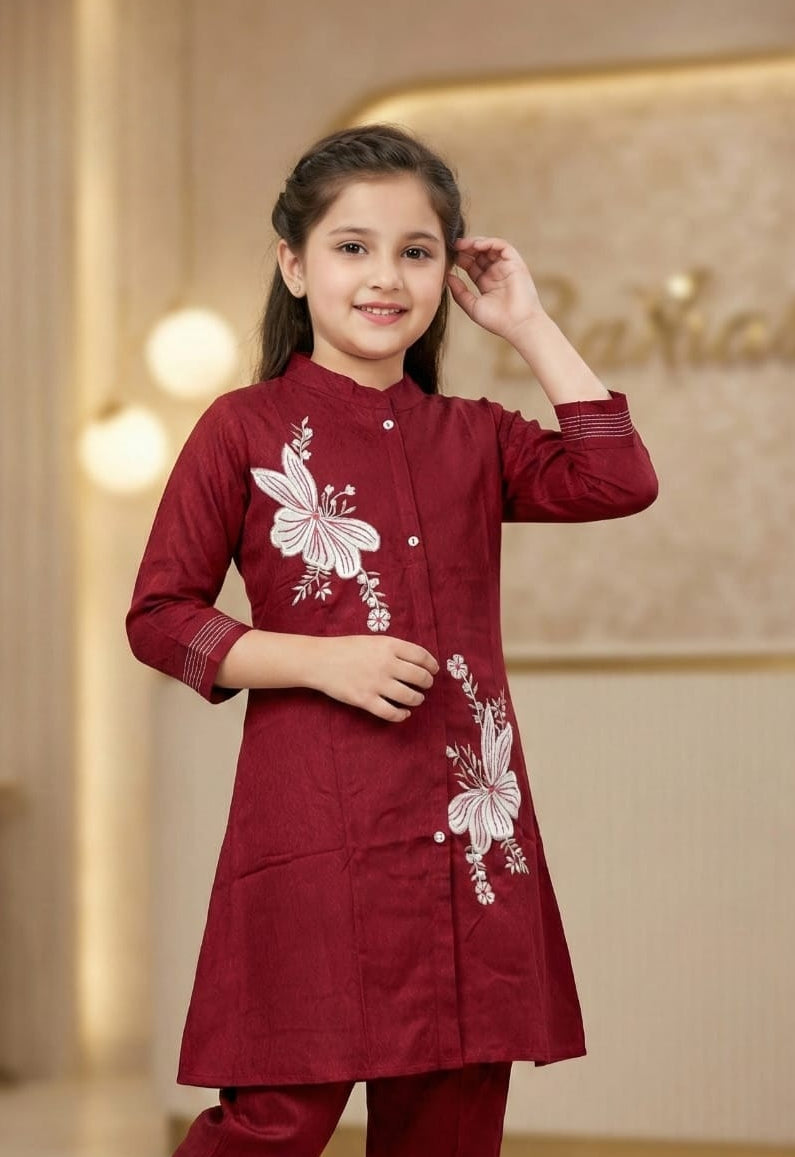 Ruby Maroon Bloom Embroidered Kurta Set | Kids Ethnic Outfit for Girls