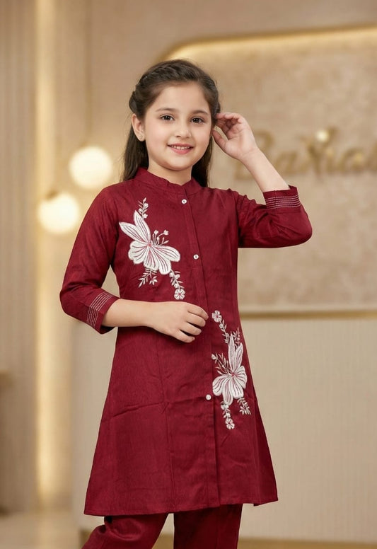 Ruby Maroon Bloom Embroidered Kurta Set | Kids Ethnic Outfit for Girls