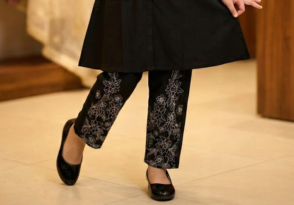 Midnight Black Bloom Embroidered Salwar Suit | Kids Ethnic Outfit for Girls