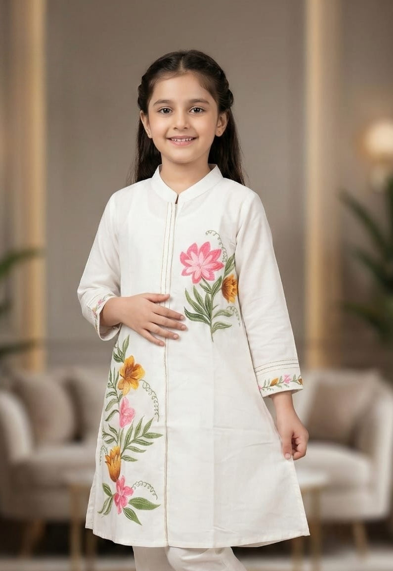 Ivory Cream Garden Floral Kurta Set | Kids Ethnic Outfit for Girls