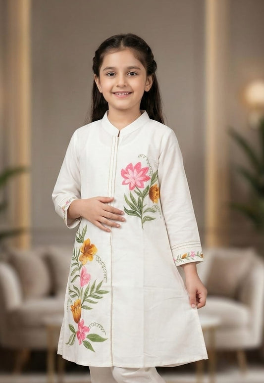 Ivory Cream Garden Floral Kurta Set | Kids Ethnic Outfit for Girls
