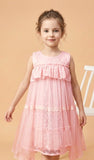 Pink Layered Net Dress with Lace Detail | Party Wear Kids Outfit for Girls