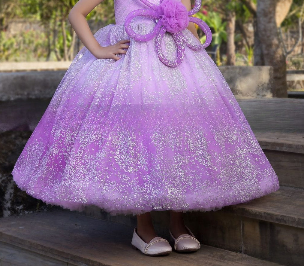 Lilac Shimmer Flower Bow Party  Short Frock