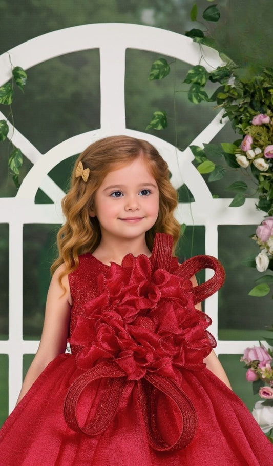 Ruby Red Couture Flower Bow Princess Gown