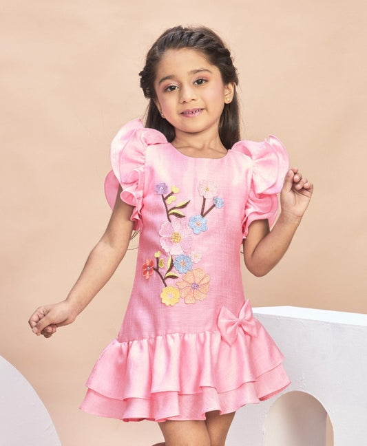 Girls Pink Floral Applique Dress with Ruffle Hem | Kids Party Wear Dress
