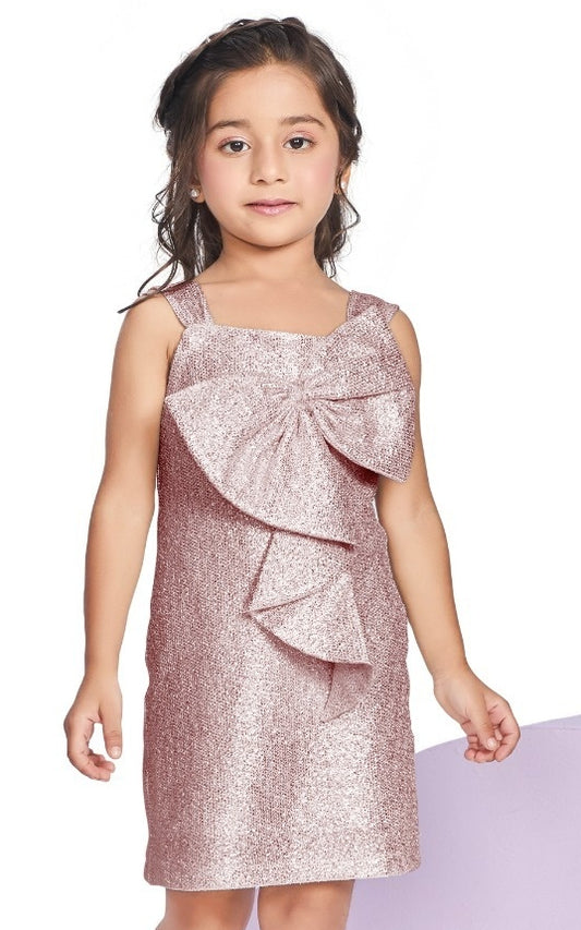 Rose Gold Shimmer Bow Short Frock | Party Wear Kids Outfit for Girls