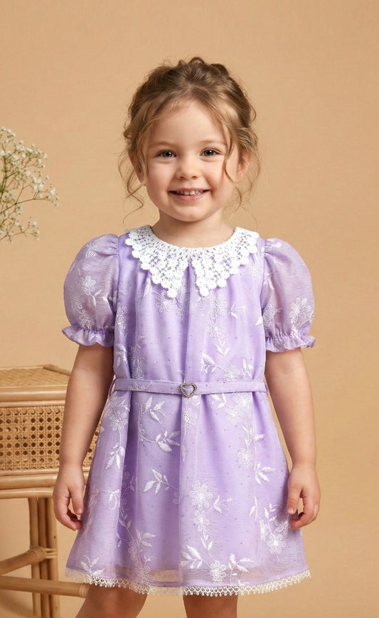 Lavender Floral Dress with Lace Collar & Belt | Party Wear Kids Dress for Girls