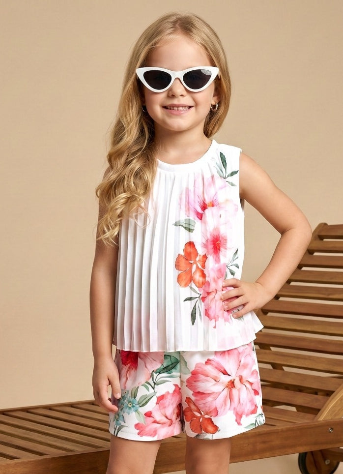 White Floral Printed Co-Ord Set with Pleated Top | Casual Kids Outfit for Girls