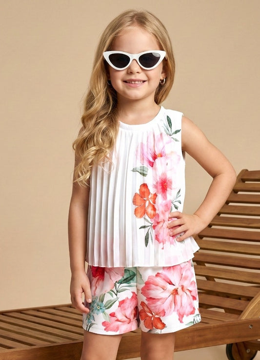 White Floral Printed Co-Ord Set with Pleated Top | Casual Kids Outfit for Girls