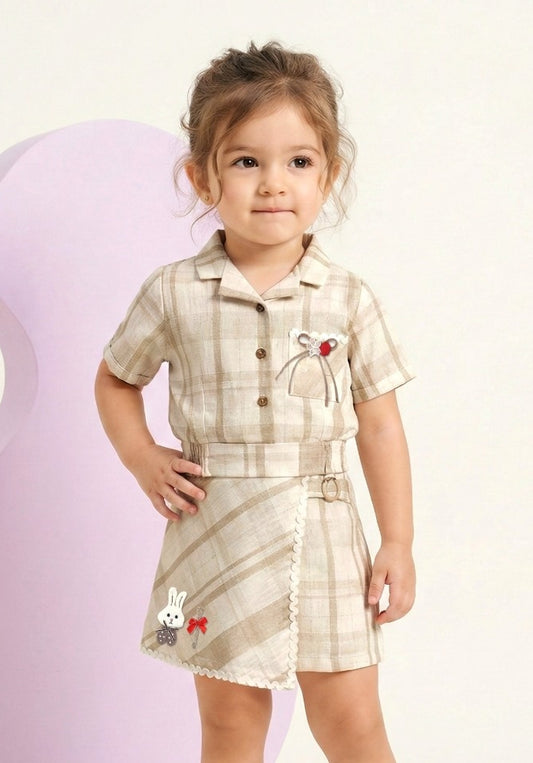 Beige Checked Shirt & Skirt Set with Bunny Detail | Casual Kids Outfit for Girls