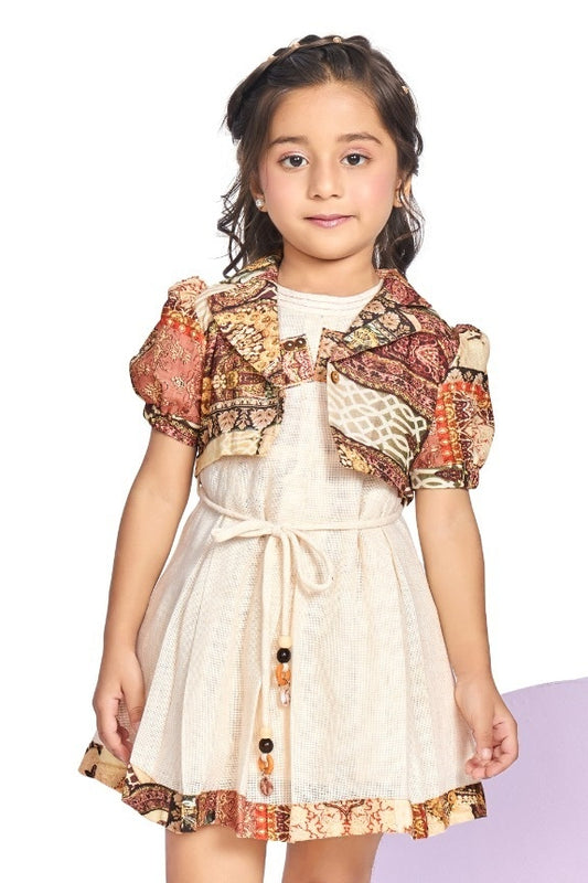Beige Dress with Printed Jacket | Ethnic Fusion Party Wear Kids Outfit for Girls