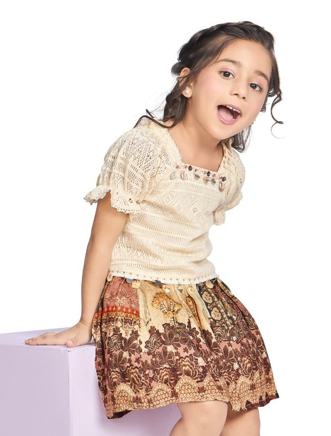 Beige Lace Top with Printed Skirt Set | Casual Ethnic Kids Outfit for Girls