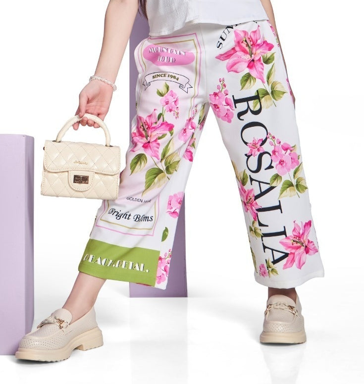 Girls White Floral Printed Co-Ord Set with Wide-Leg Pants | Kids Casual Wear