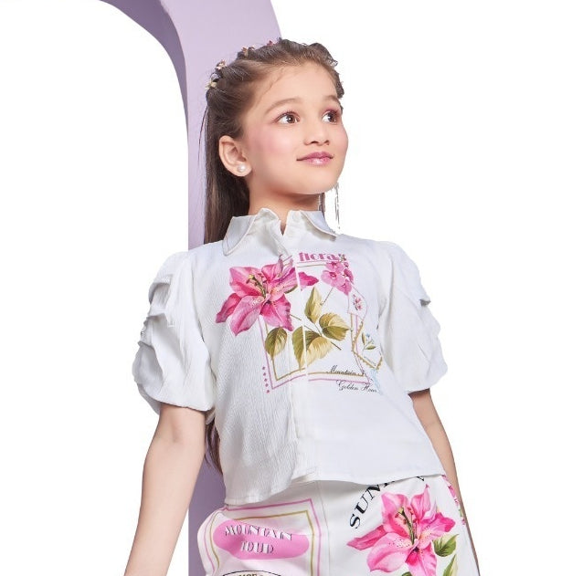 Girls White Floral Printed Co-Ord Set with Wide-Leg Pants | Kids Casual Wear