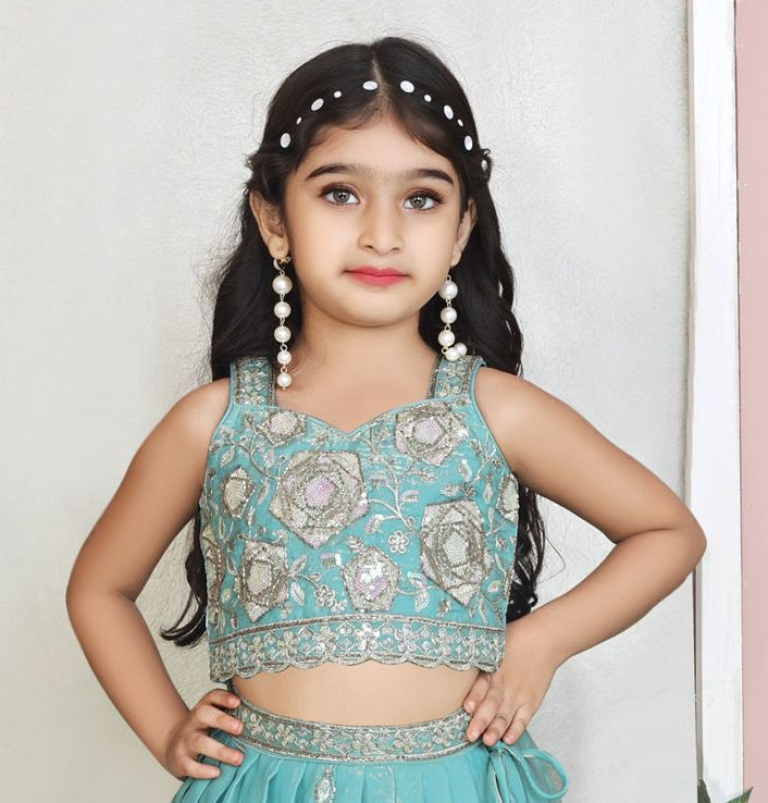 Blue Mist Heavy Embroidered Lehenga Set | Kids Ethnic Wear for Girls