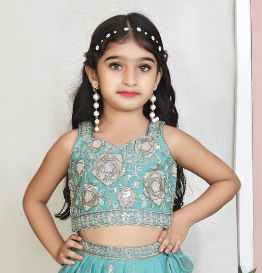 Blue Mist Heavy Embroidered Kids Lehenga Set