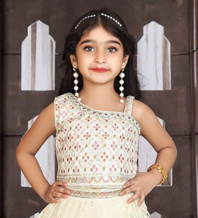 Pearl Cream Floral Handwork Kids Lehenga Ensemble