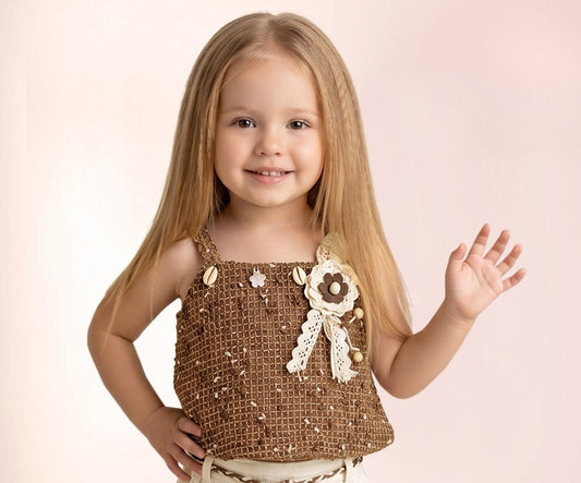 Brown Textured Top with Cream Shorts Set | Western Outfit for Girls