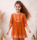 Vibrant Orange Embroidered Kurti with Palazzo Set | Ethnic Outfit for Girls