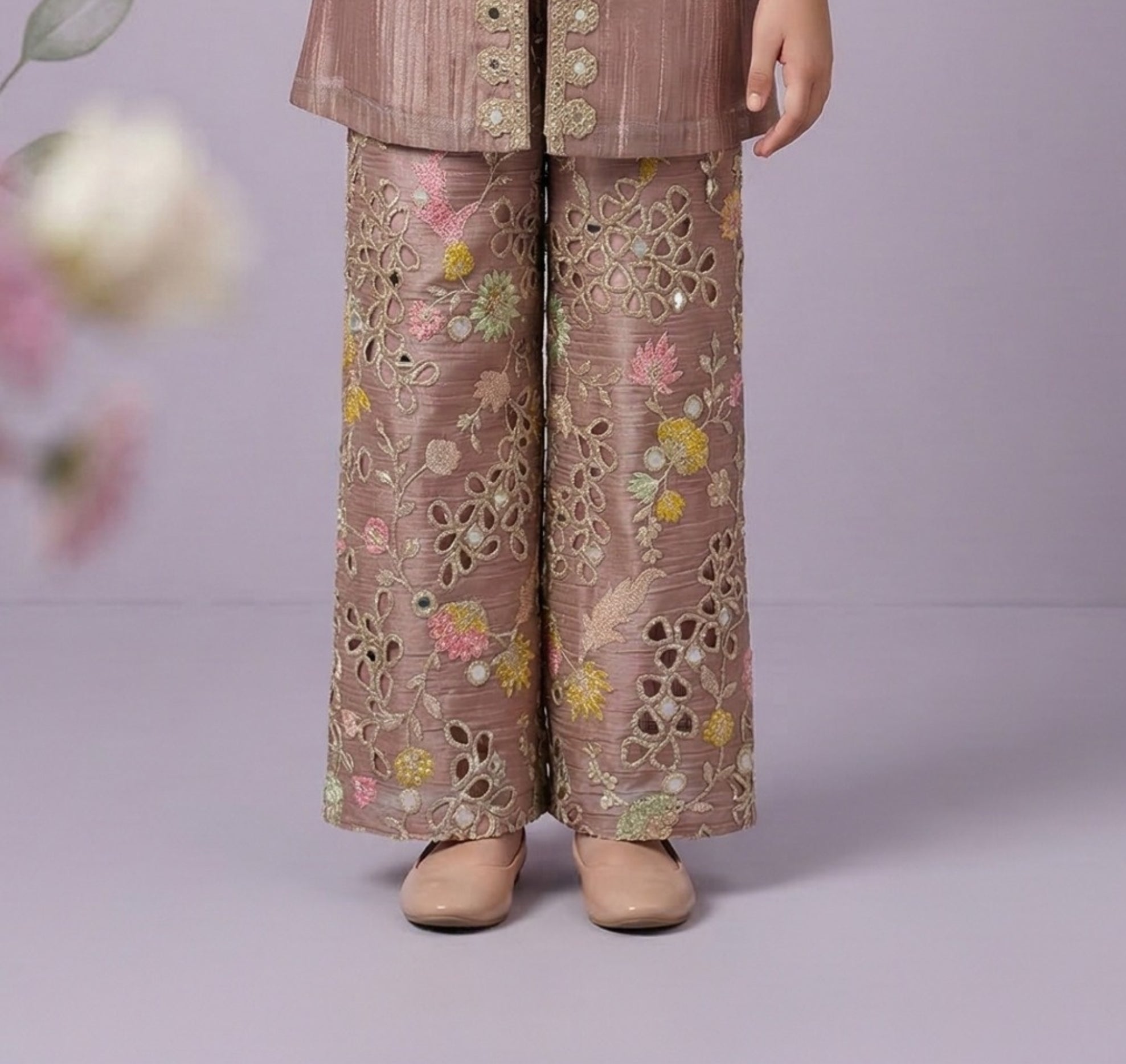 Girls Dusty  Pink Mauve Embroidered Kurti with Floral Palazzo Pants | Ethnic Wear  for Kids
