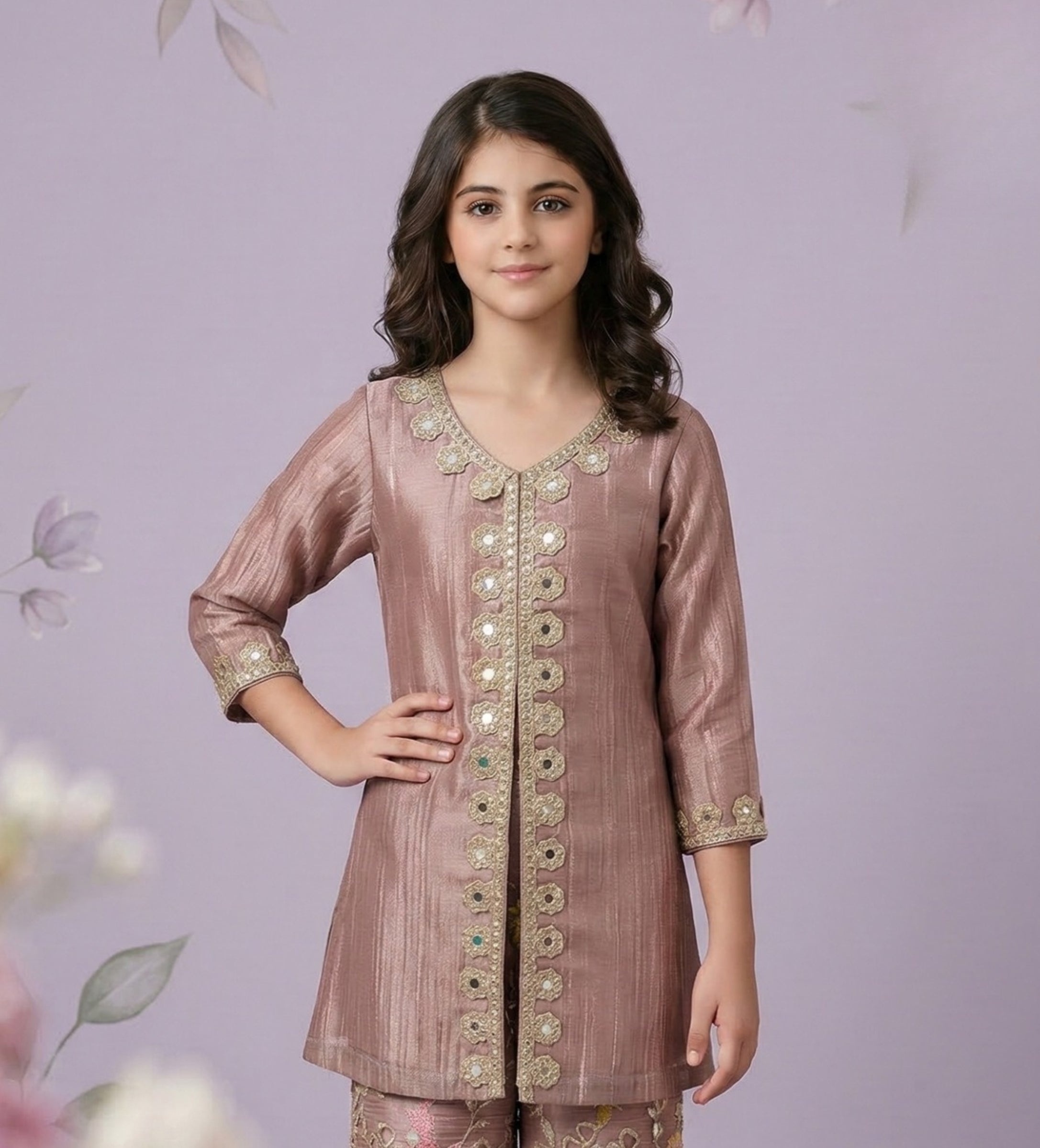 Girls Dusty  Pink Mauve Embroidered Kurti with Floral Palazzo Pants | Ethnic Wear  for Kids