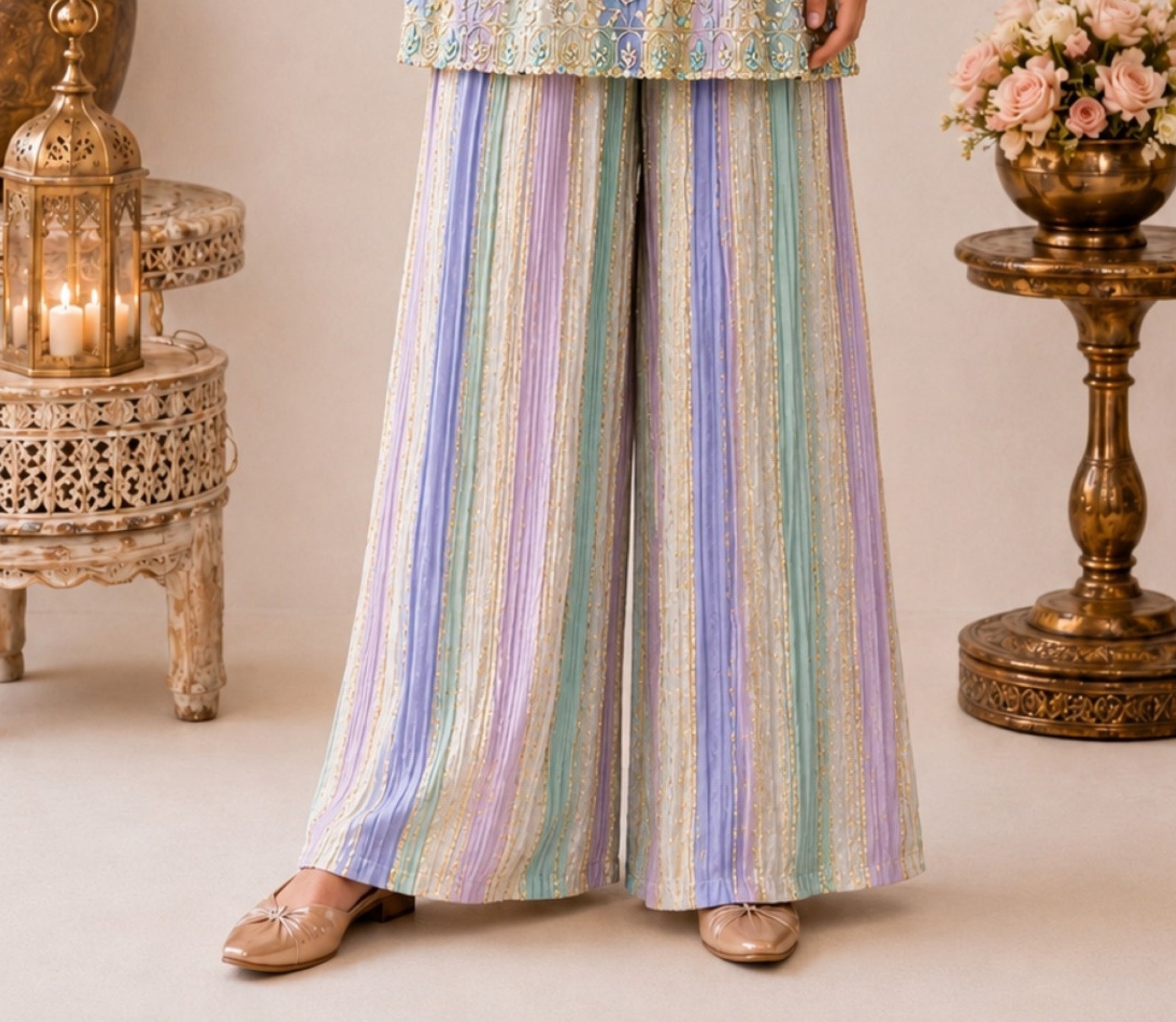 Girls Purple Multicolor Embroidered Tunic with Striped Palazzo Pants . | Ethnic Wear for Kids
