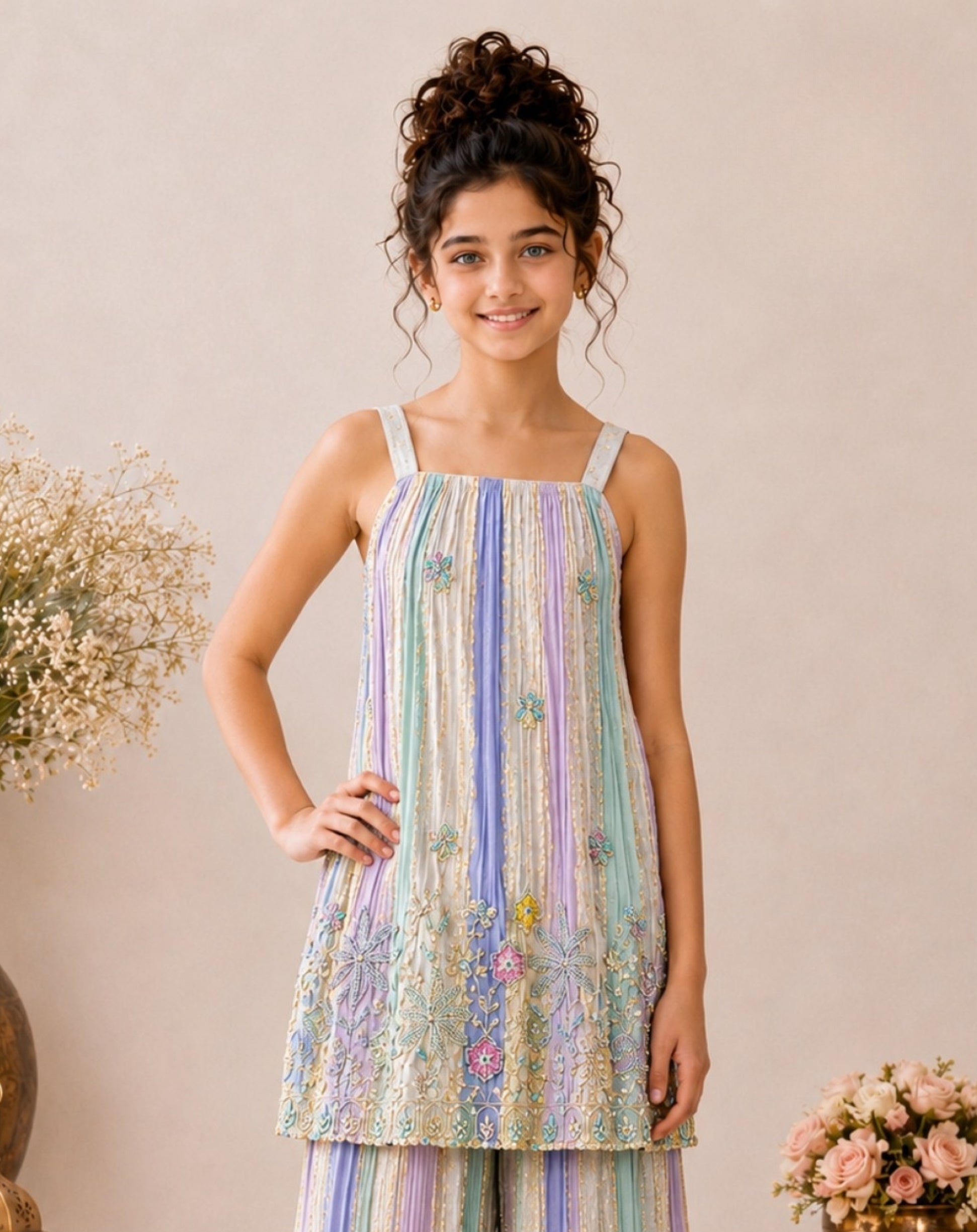 Girls Purple Multicolor Embroidered Tunic with Striped Palazzo Pants . | Ethnic Wear for Kids
