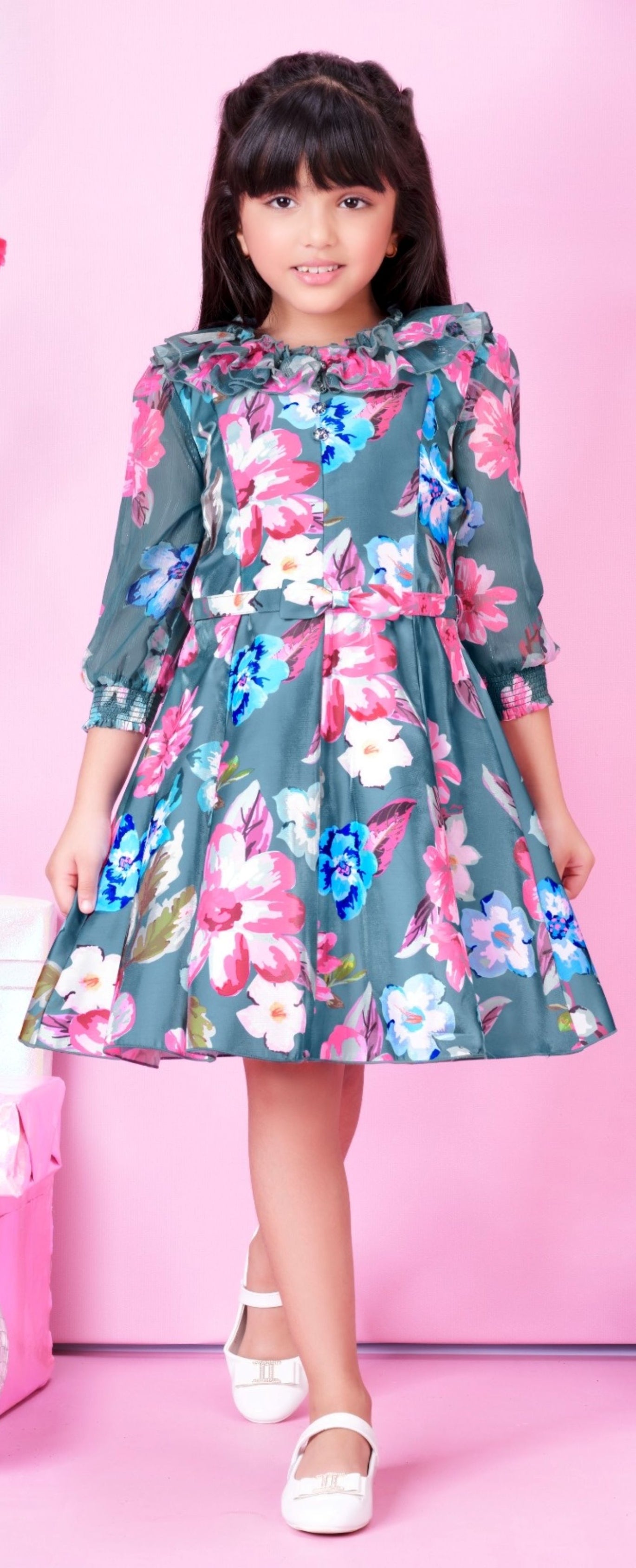 Air Force Blue -Floral Whirl Party Short Frock