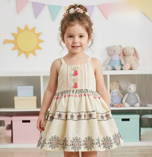 Beige Embroidered Tassel One Piece Frock | Western Dress for Girls