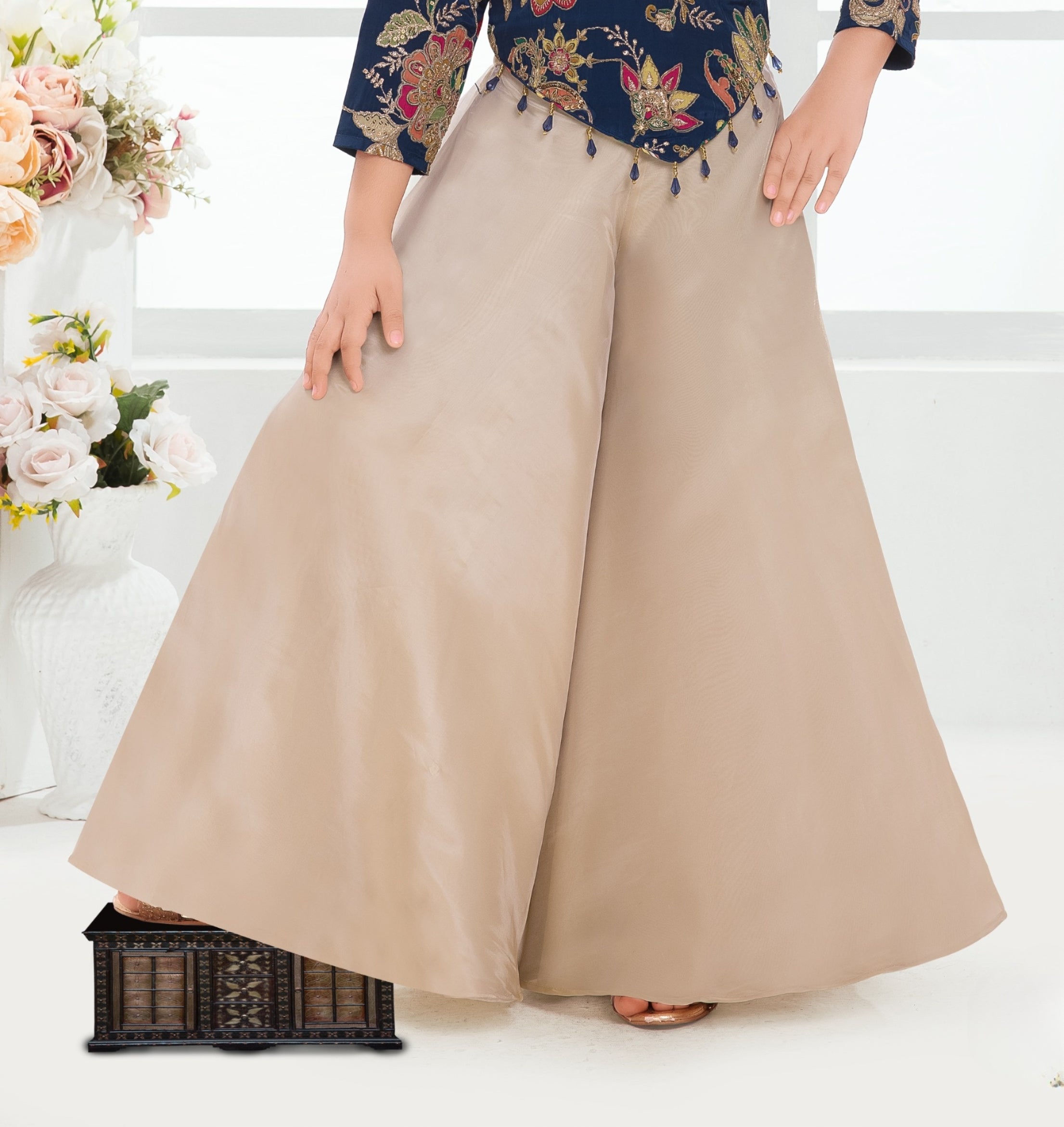 Blue & Beige Embroidered Palazzo Set