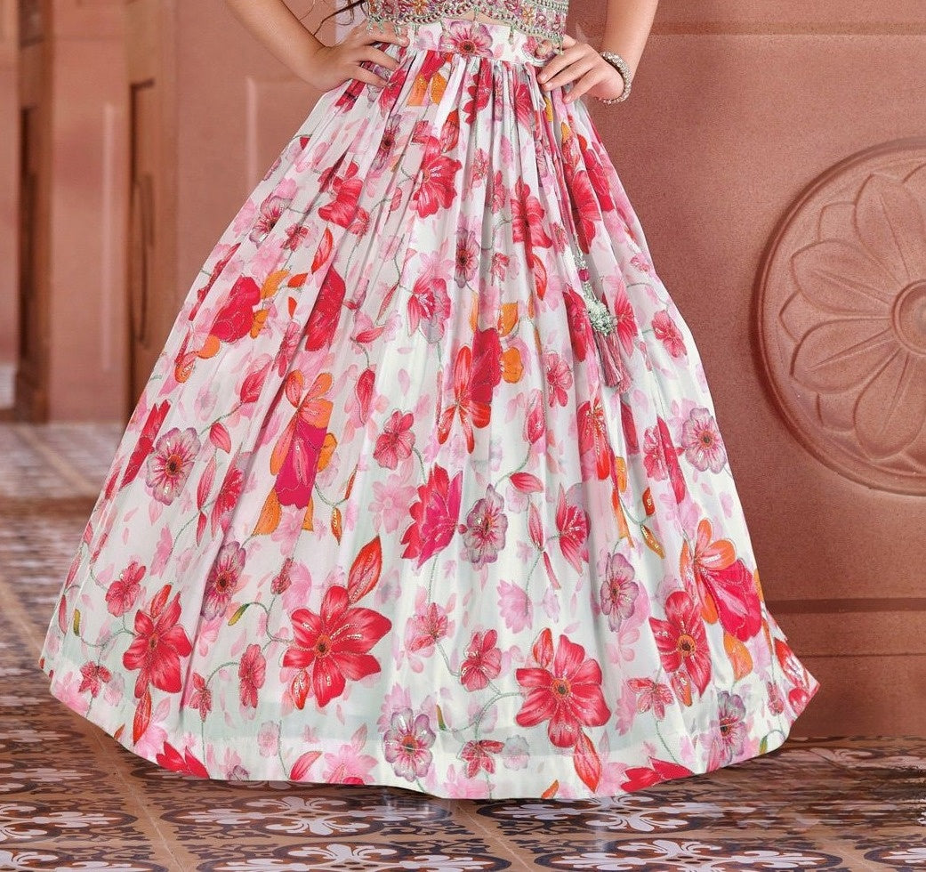 Cream Floral Lehenga with Butterfly & Red-Pink Flower Print