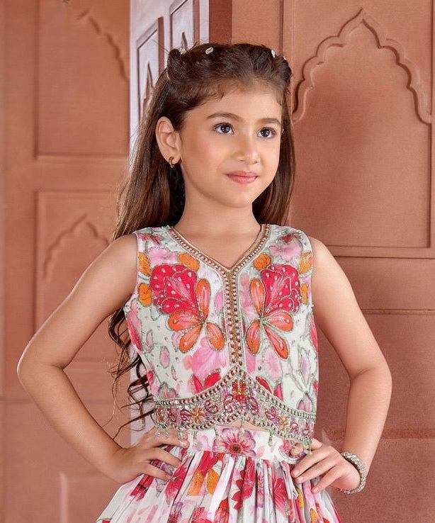 Cream Floral Lehenga with Butterfly & Red-Pink Flower Print