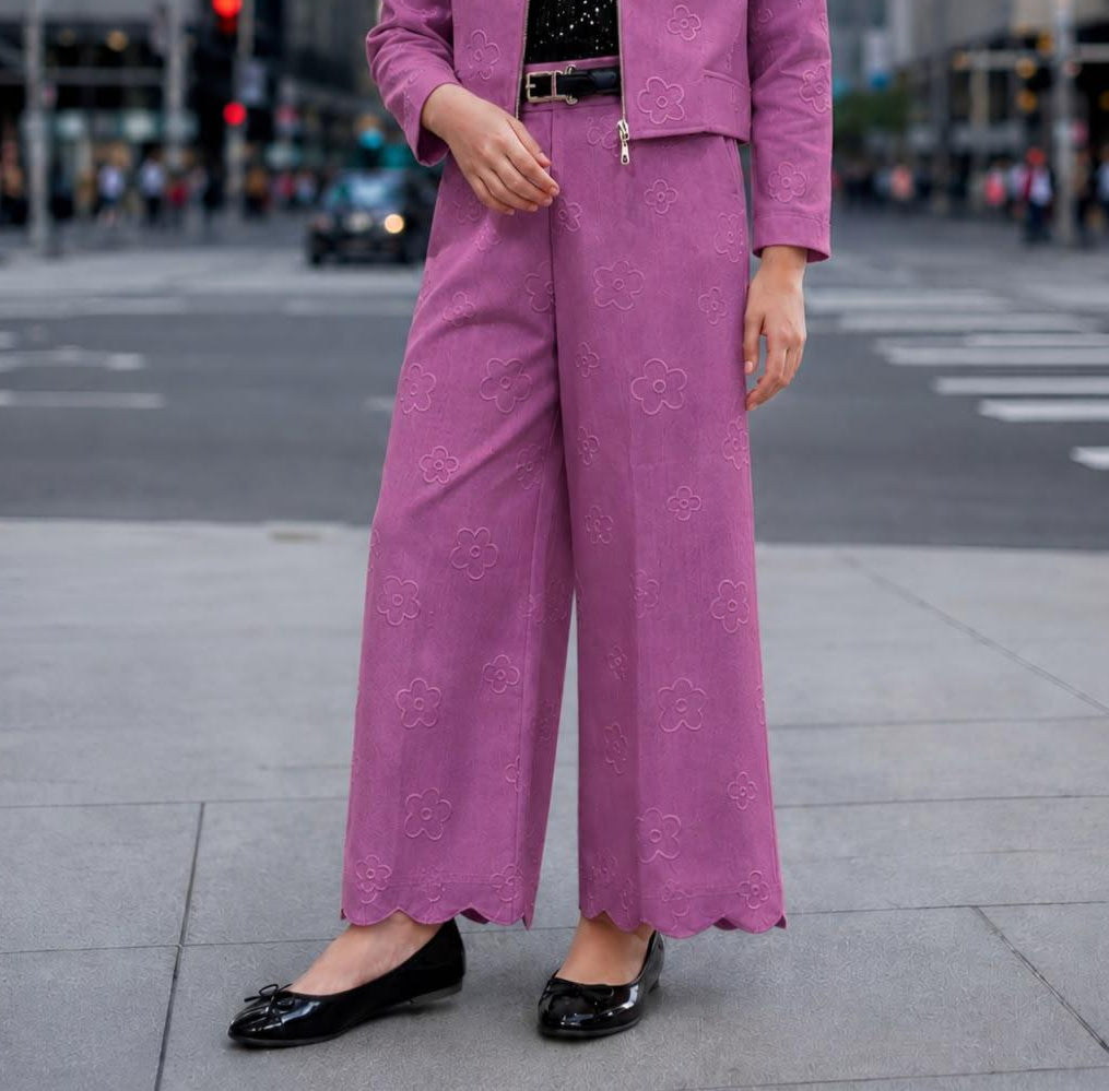 Lilac Purple Floral Embroidered Jacket & Wide-Leg Pant Set with Sequin Top | Western Wear For Girls