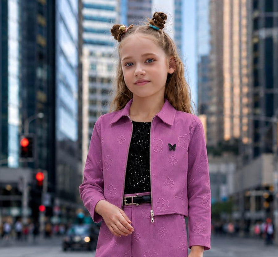 Lilac Purple Floral Embroidered Jacket & Wide-Leg Pant Set with Sequin Top | Western Wear For Girls