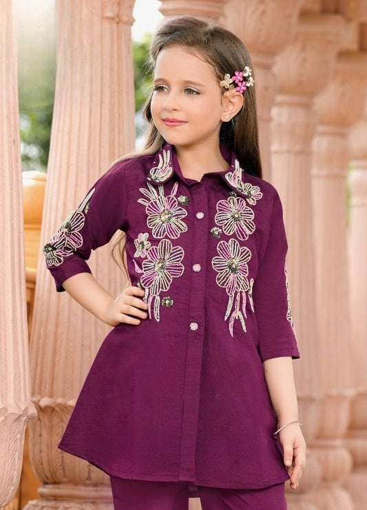 Royal Wine Embroidered Kurta Palazzo Set | Kids Ethnic Outfit for Girls