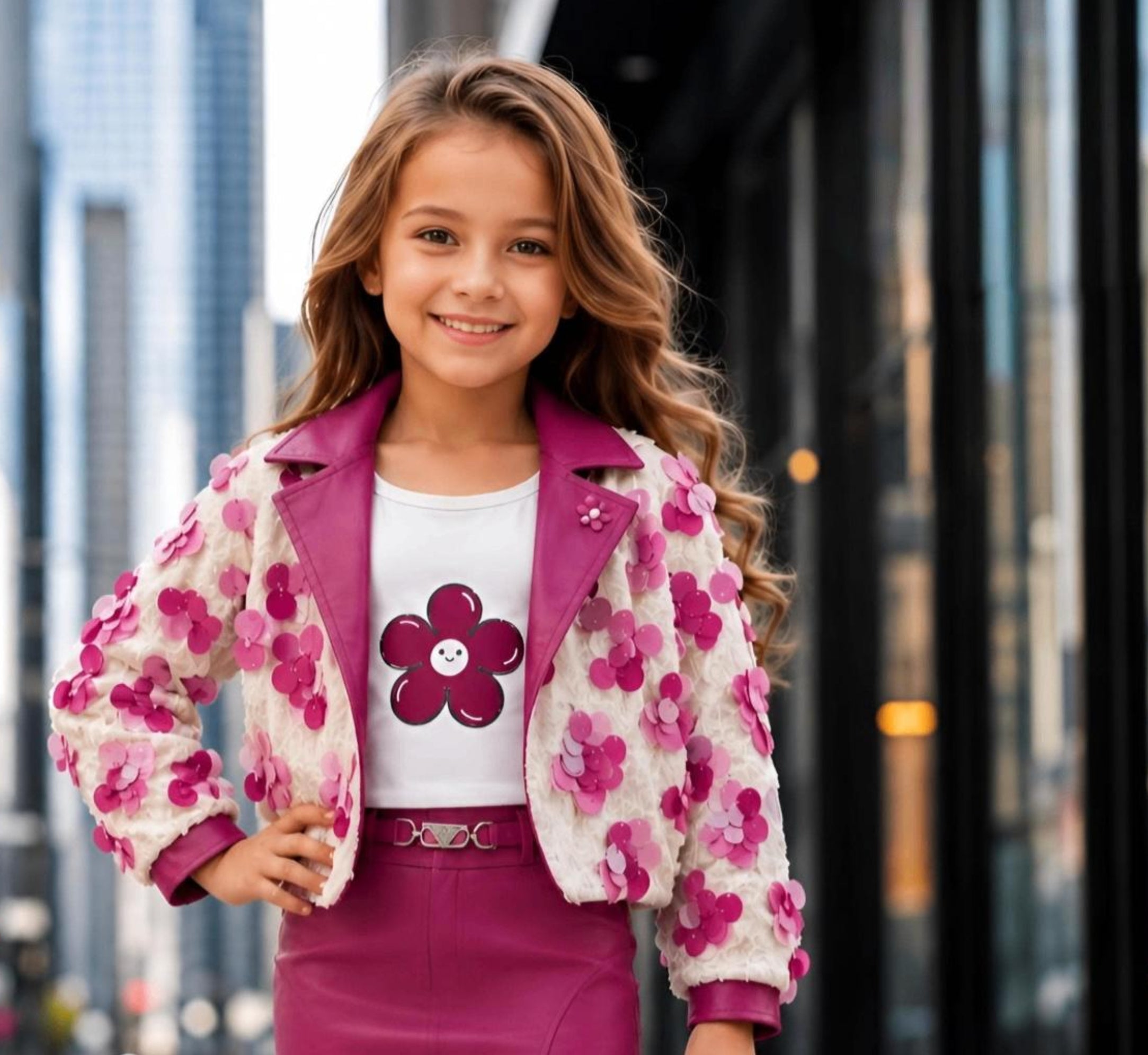 Magenta Floral Bomber Jacket with Graphic T-Shirt & Skirt Set | Western Wear For Girls