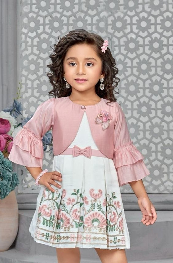Blush Pink & Ivory Embroidered Party Short Frock | Party Wear Kids Dress for Girls