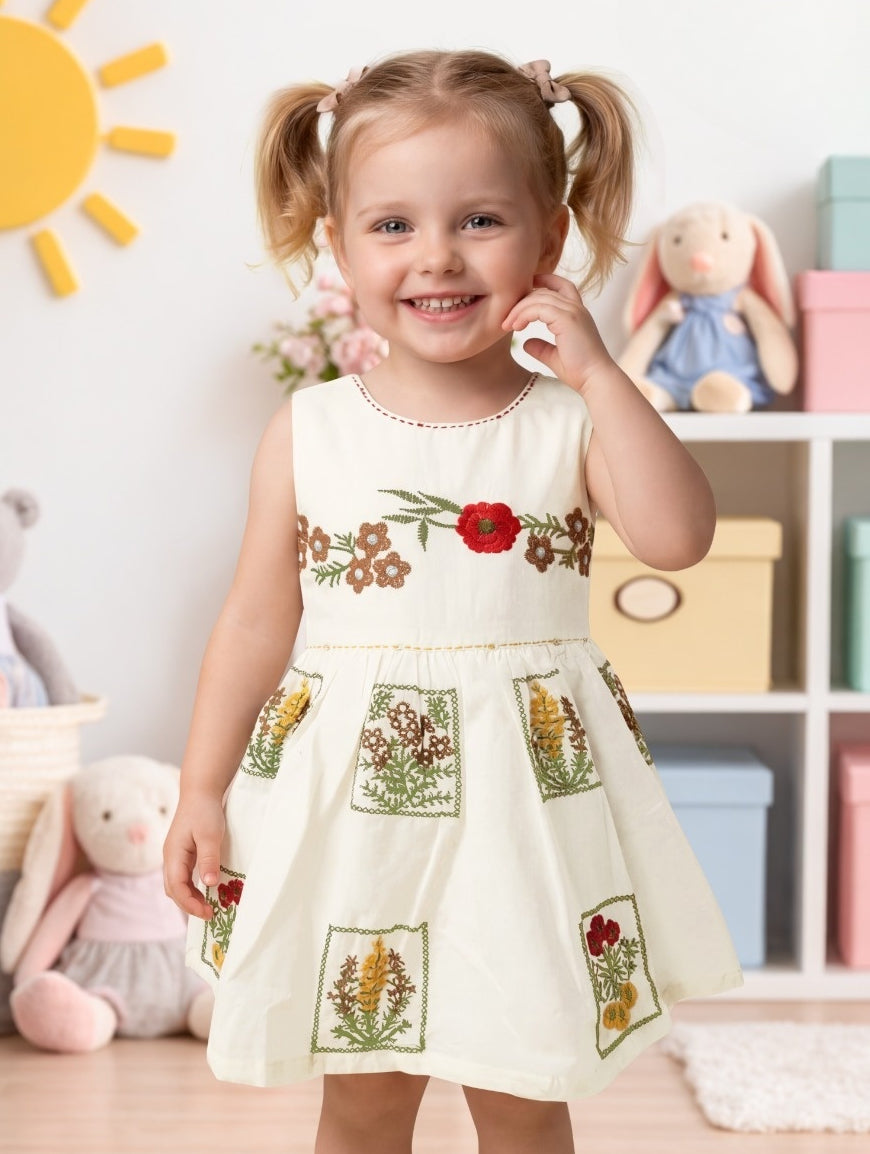 Cream Floral Embroidered One Piece Frock | Western Wear Dress for Girls