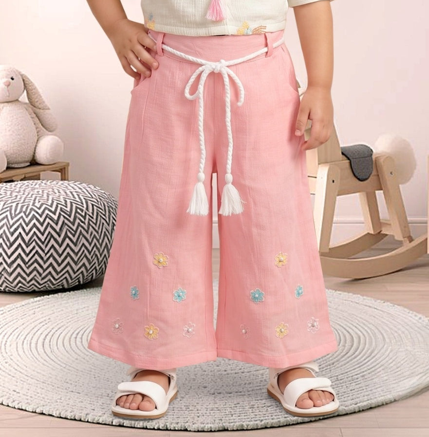 Cream & Pink Tassel Cute Top & Palazzo Set | Western Wear for Baby Girls