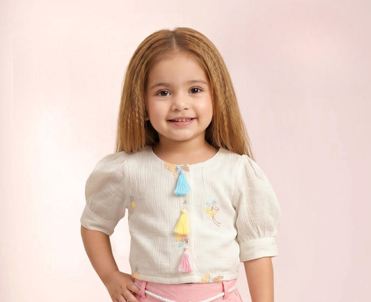 Cream & Pink Tassel Cute Top & Palazzo Set | Western Wear for Baby Girls