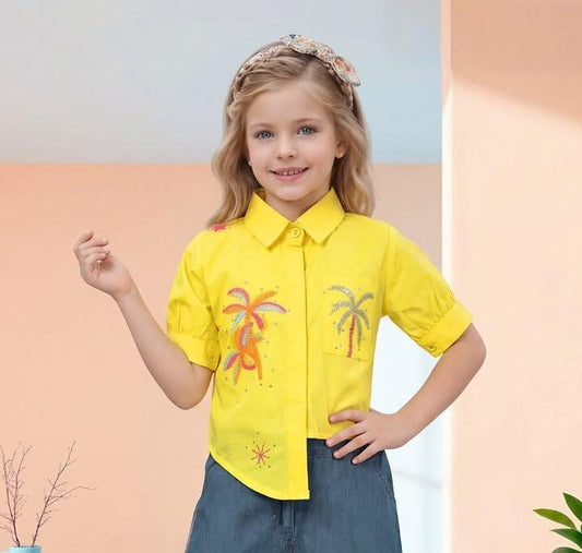Girls Yellow Embroidered Shirt with Wide-Leg Denim Plazzo| Western Wear For Girls