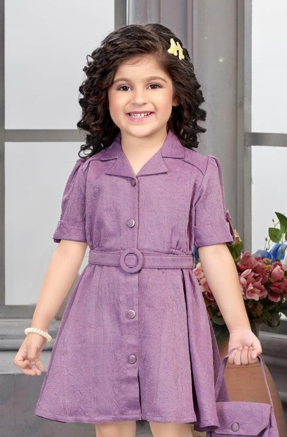 Dusty Lavender Belted Shirt Short Frock | Casual Wear Kids Dress for Girls