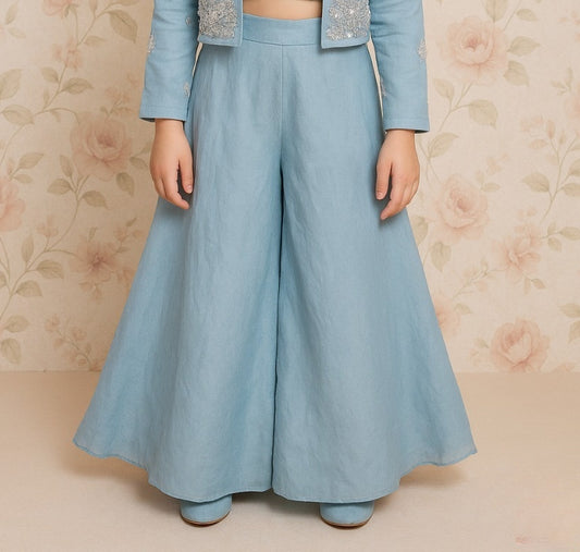 Sky Blue Embroidered Crop Top with Jacket & Palazzo Set