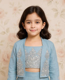 Sky Blue Embroidered Crop Top with Jacket & Palazzo Set